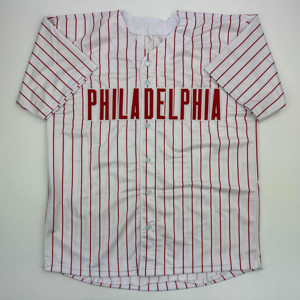 Facsimile Autographed Alec Bohm Philadelphia Pinstripe Reprint Laser Auto Baseball Jersey Size Men's XL (ONLINE ORDER ONLY)