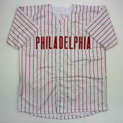 Facsimile Autographed Alec Bohm Philadelphia Pinstripe Reprint Laser Auto Baseball Jersey Size Men's XL (ONLINE ORDER ONLY)