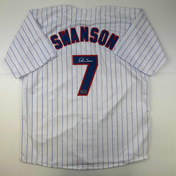 Facsimile Autographed Dansby Swanson Chicago Pinstripe Reprint Laser Auto Baseball Jersey Size Men's XL (ONLINE ORDER ONLY)