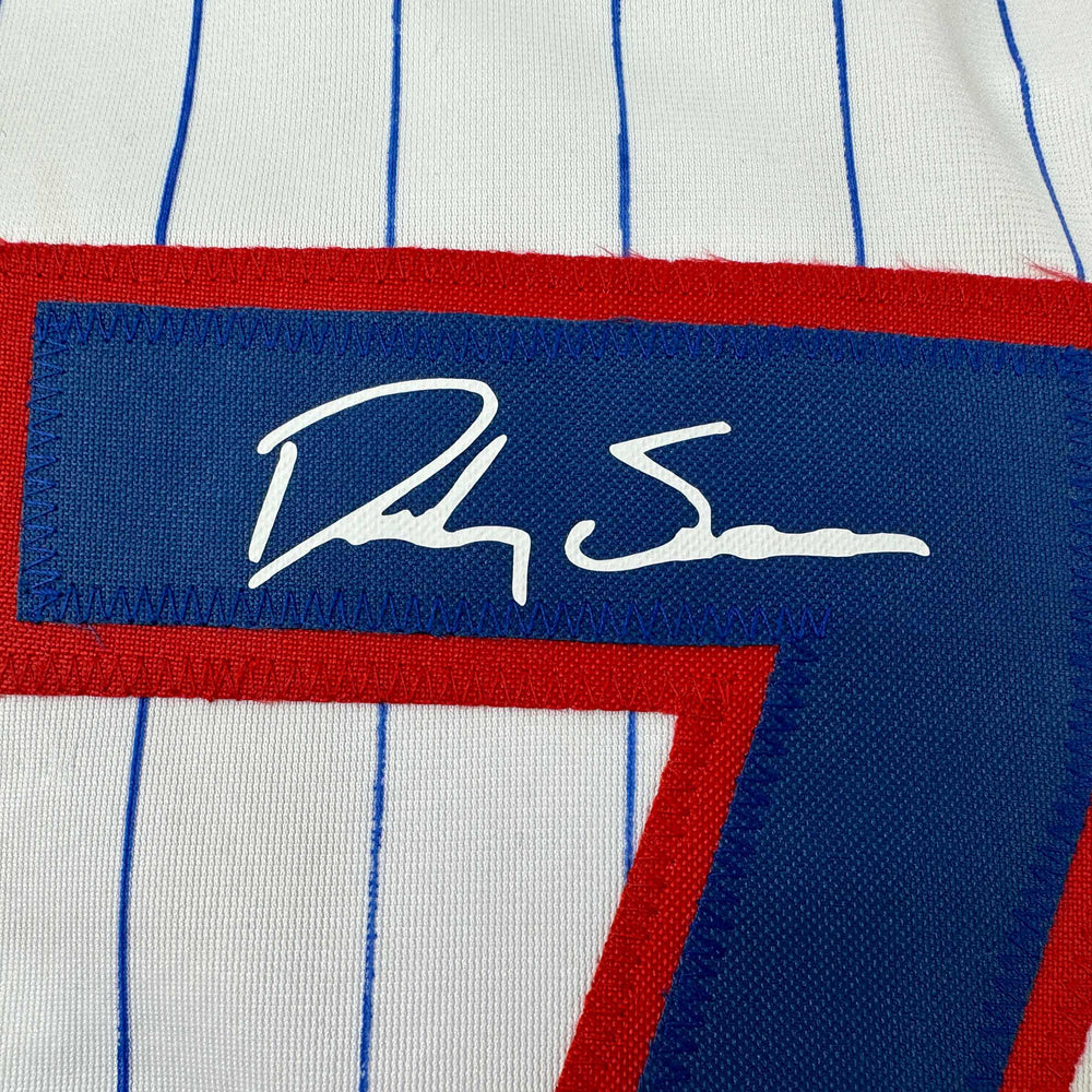 Facsimile Autographed Dansby Swanson Chicago Pinstripe Reprint Laser Auto Baseball Jersey Size Men's XL (ONLINE ORDER ONLY)