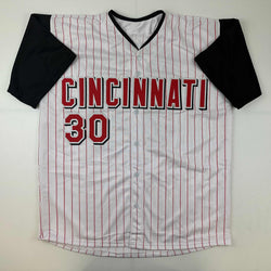Facsimile Autographed Ken Griffey Jr. Cincinnati Pinstripe Reprint Laser Auto Baseball Jersey Size Men's XL (ONLINE ORDER ONLY)