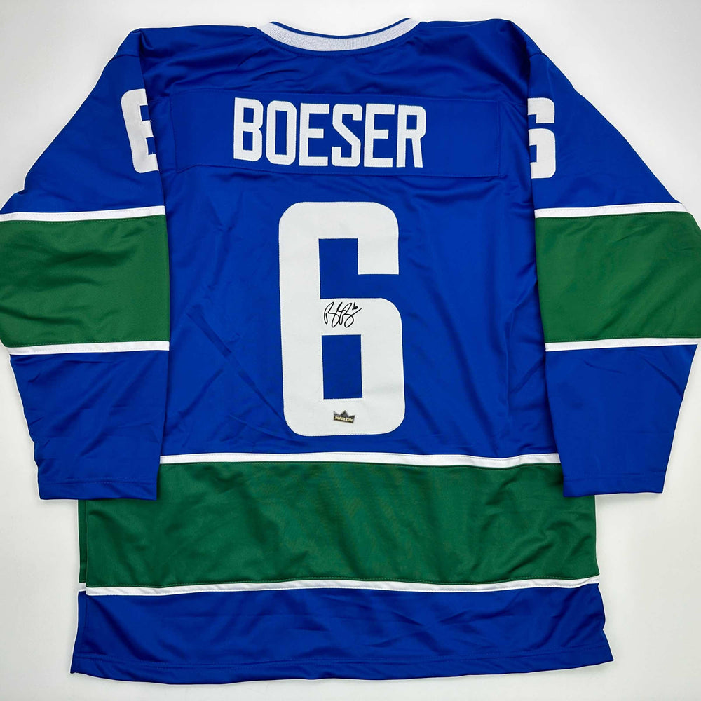 Facsimile Autographed Brock Boeser Vancouver Blue Reprint Laser Auto Hockey Jersey Size Men's XL (ONLINE ORDER ONLY)