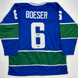 Facsimile Autographed Brock Boeser Vancouver Blue Reprint Laser Auto Hockey Jersey Size Men's XL (ONLINE ORDER ONLY)