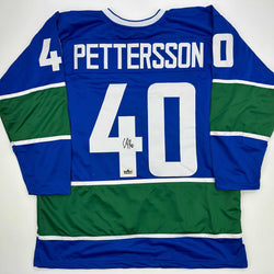 Facsimile Autographed Elias Pettersson Vancouver Blue Reprint Laser Auto Hockey Jersey Size Men's XL (ONLINE ORDER ONLY)