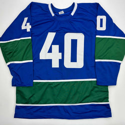 Facsimile Autographed Elias Pettersson Vancouver Blue Reprint Laser Auto Hockey Jersey Size Men's XL (ONLINE ORDER ONLY)