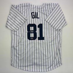 Facsimile Autographed Luis Gil New York Pinstripe Reprint Laser Auto Baseball Jersey Size Men's XL (ONLINE ORDER ONLY)