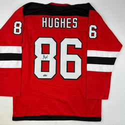 Facsimile Autographed Jack Hughes New Jersey Red Reprint Laser Auto Hockey Jersey Size Men's XL (ONLINE ORDER ONLY)