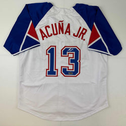 Facsimile Autographed Ronald Acuna Jr. Atlanta White Reprint Laser Auto Baseball Jersey Size Men's XL (ONLINE ORDER ONLY)