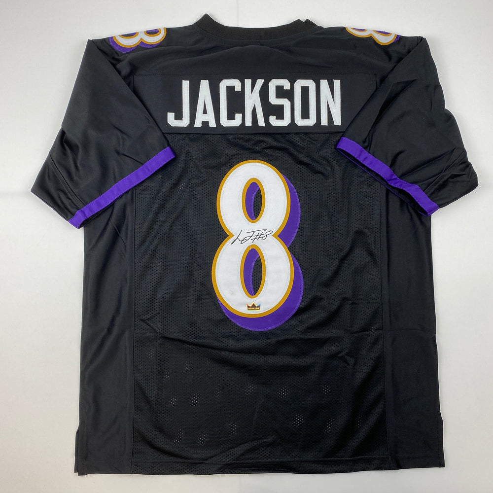 Facsimile Autographed Lamar Jackson Baltimore Black Reprint Laser Auto Football Jersey Size Men's XL (ONLINE ORDER ONLY)