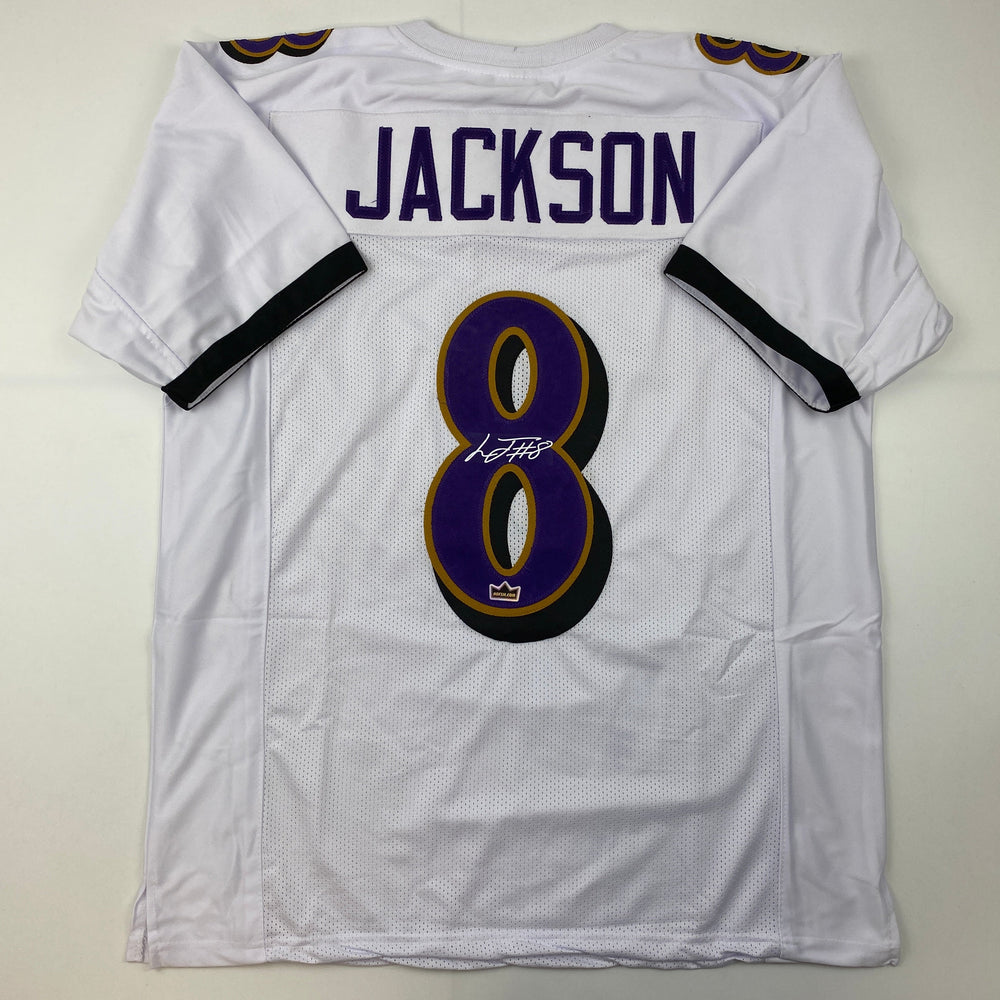 Facsimile Autographed Lamar Jackson Baltimore White Reprint Laser Auto Football Jersey Size Men's XL (ONLINE ORDER ONLY)