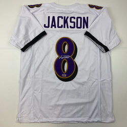 Facsimile Autographed Lamar Jackson Baltimore White Reprint Laser Auto Football Jersey Size Men's XL (ONLINE ORDER ONLY)
