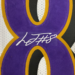 Facsimile Autographed Lamar Jackson Baltimore White Reprint Laser Auto Football Jersey Size Men's XL (ONLINE ORDER ONLY)