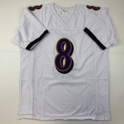 Facsimile Autographed Lamar Jackson Baltimore White Reprint Laser Auto Football Jersey Size Men's XL (ONLINE ORDER ONLY)