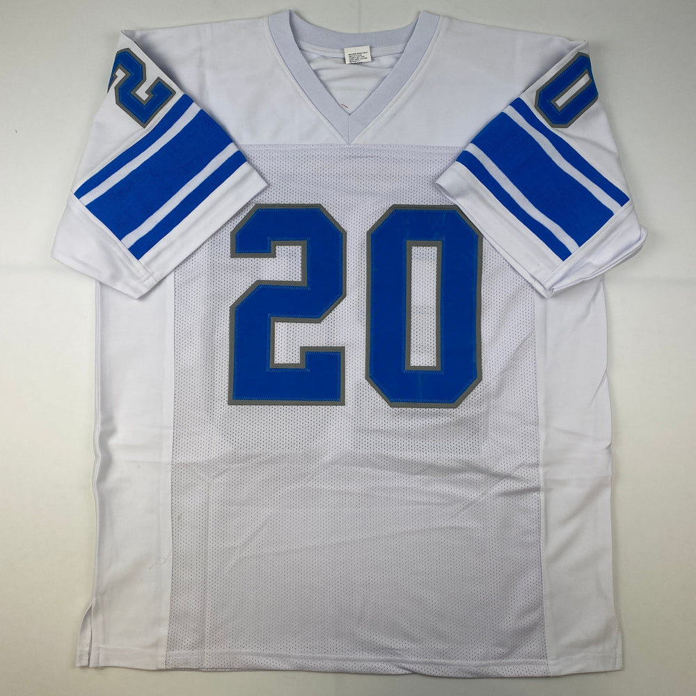 Facsimile Autographed Barry Sanders Detroit White Reprint Laser Auto Football Jersey Size Men's XL (ONLINE ORDER ONLY)