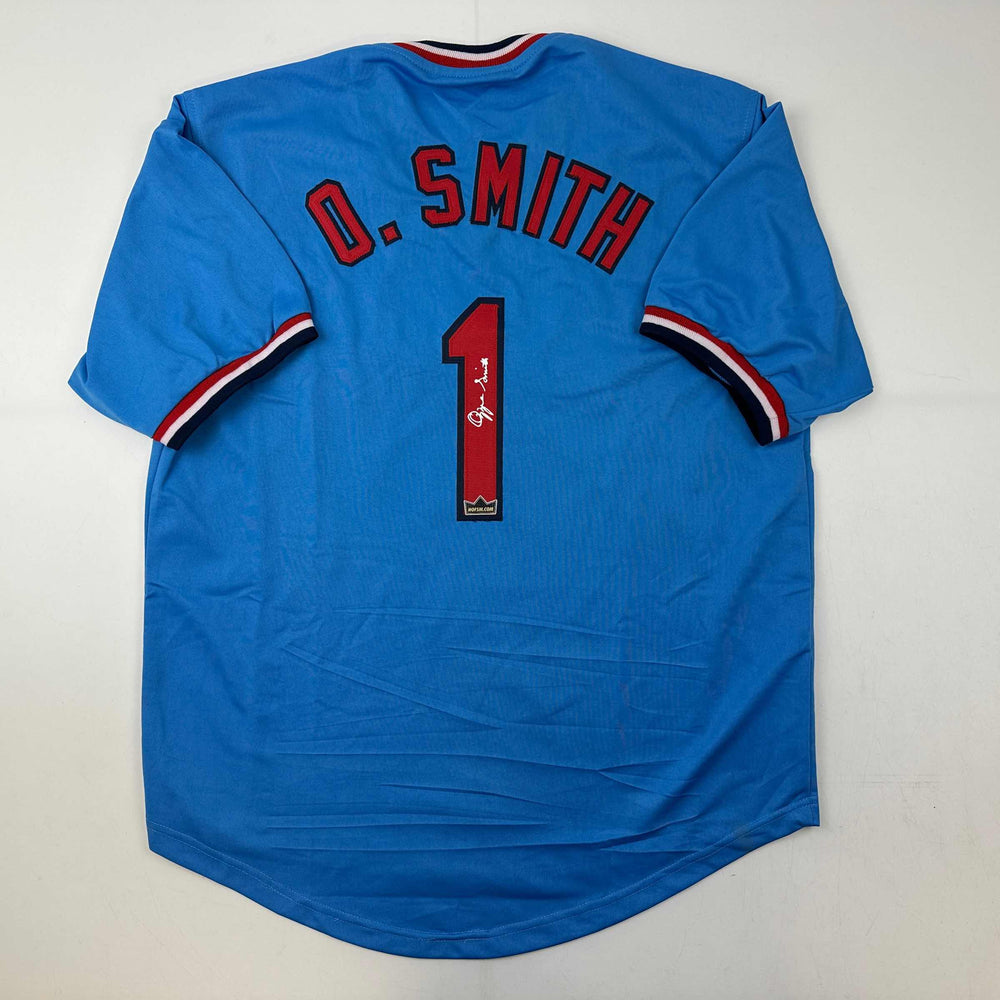 Facsimile Autographed Ozzie Smith St. Louis Blue Reprint Laser Auto Baseball Jersey Size Men's XL (ONLINE ORDER ONLY)