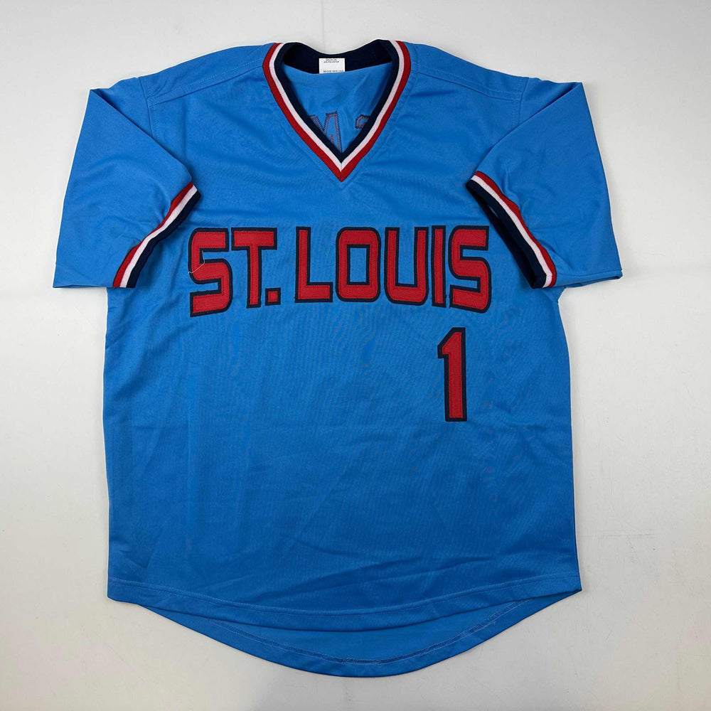 Facsimile Autographed Ozzie Smith St. Louis Blue Reprint Laser Auto Baseball Jersey Size Men's XL (ONLINE ORDER ONLY)
