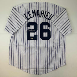 Facsimile Autographed D.J. DJ LeMahieu New York Pinstripe Reprint Laser Auto Baseball Jersey Size Men's XL (ONLINE ORDER ONLY)