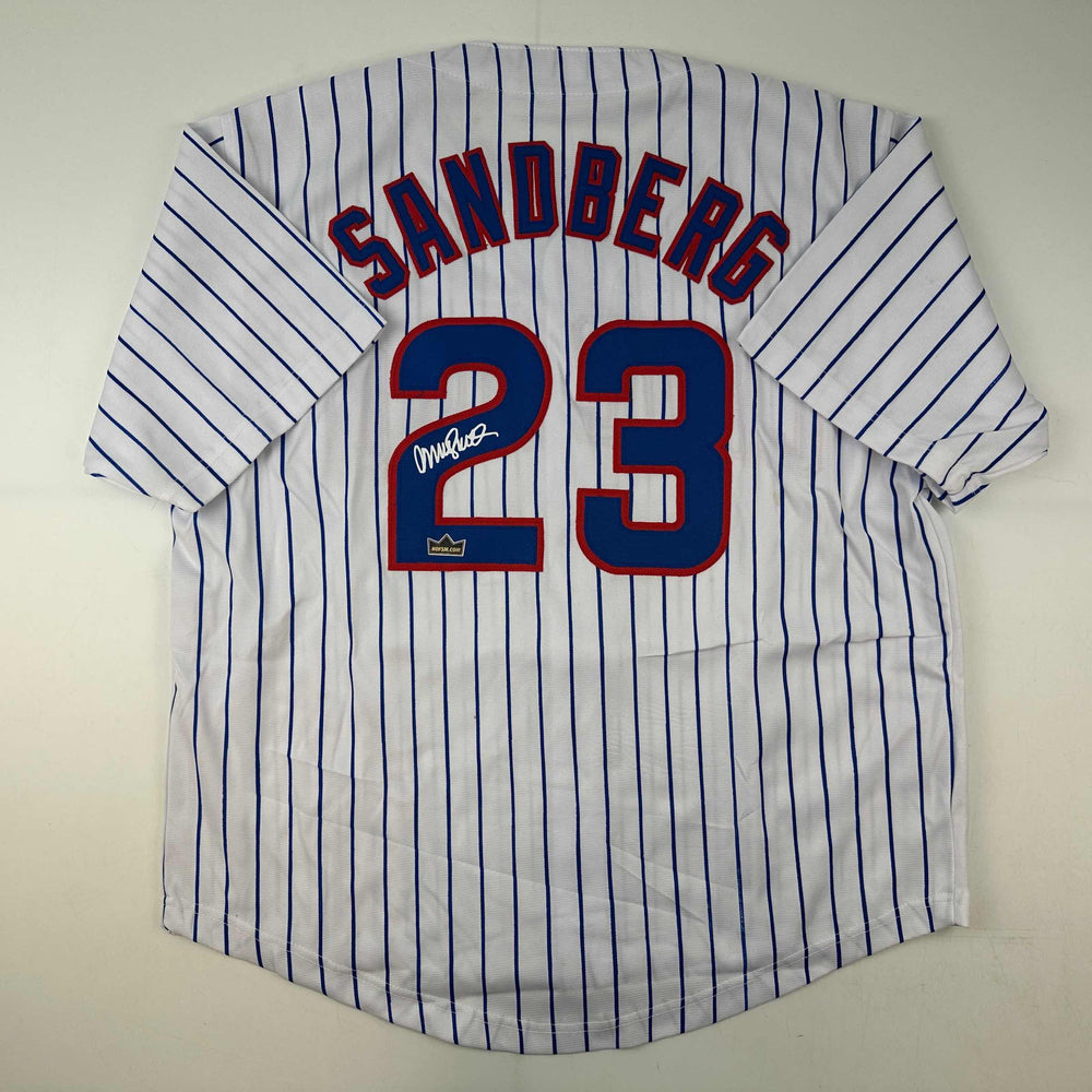Facsimile Autographed Ryne Sandberg Chicago Pinstripe Reprint Laser Auto Baseball Jersey Size Men's XL (ONLINE ORDER ONLY)
