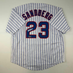 Facsimile Autographed Ryne Sandberg Chicago Pinstripe Reprint Laser Auto Baseball Jersey Size Men's XL (ONLINE ORDER ONLY)