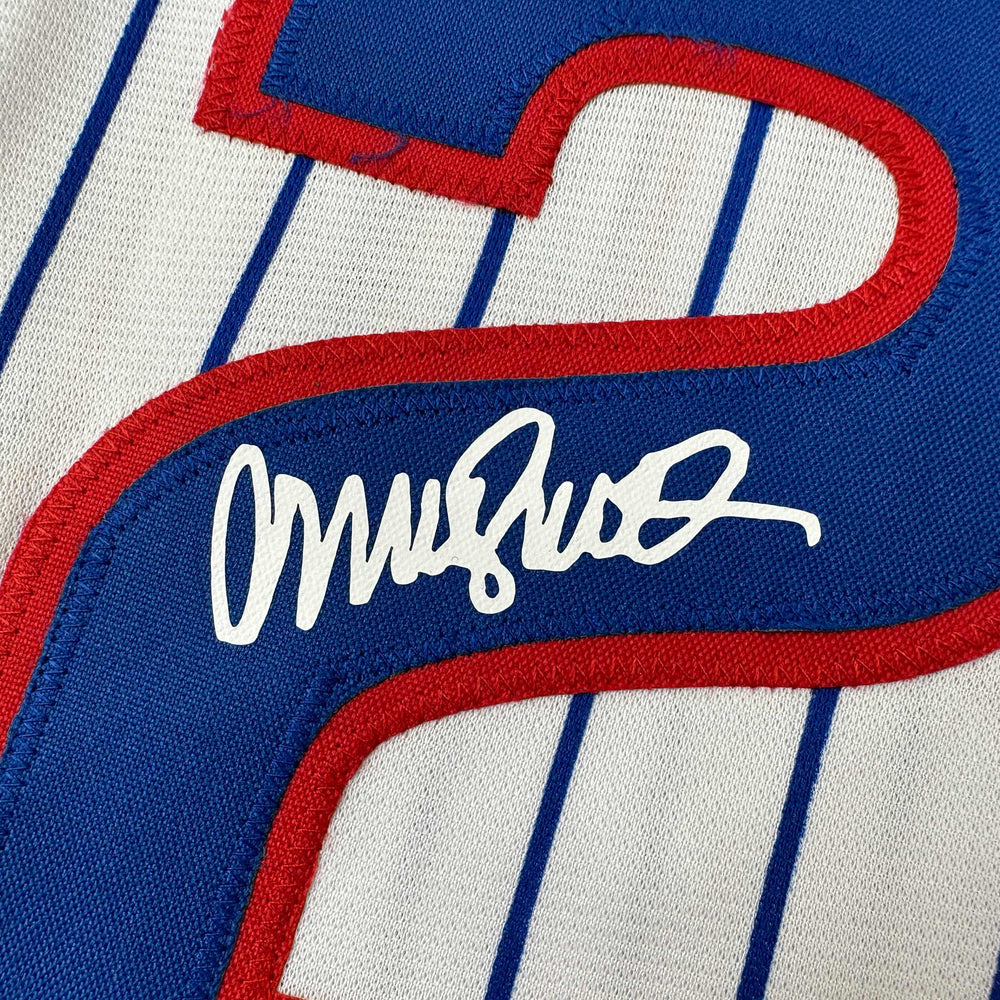Facsimile Autographed Ryne Sandberg Chicago Pinstripe Reprint Laser Auto Baseball Jersey Size Men's XL (ONLINE ORDER ONLY)
