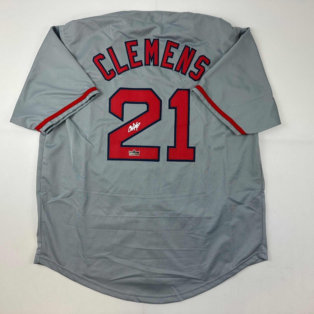 Facsimile Autographed Roger Clemens Boston Grey Reprint Laser Auto Baseball Jersey Size Men's XL (ONLINE ORDER ONLY)