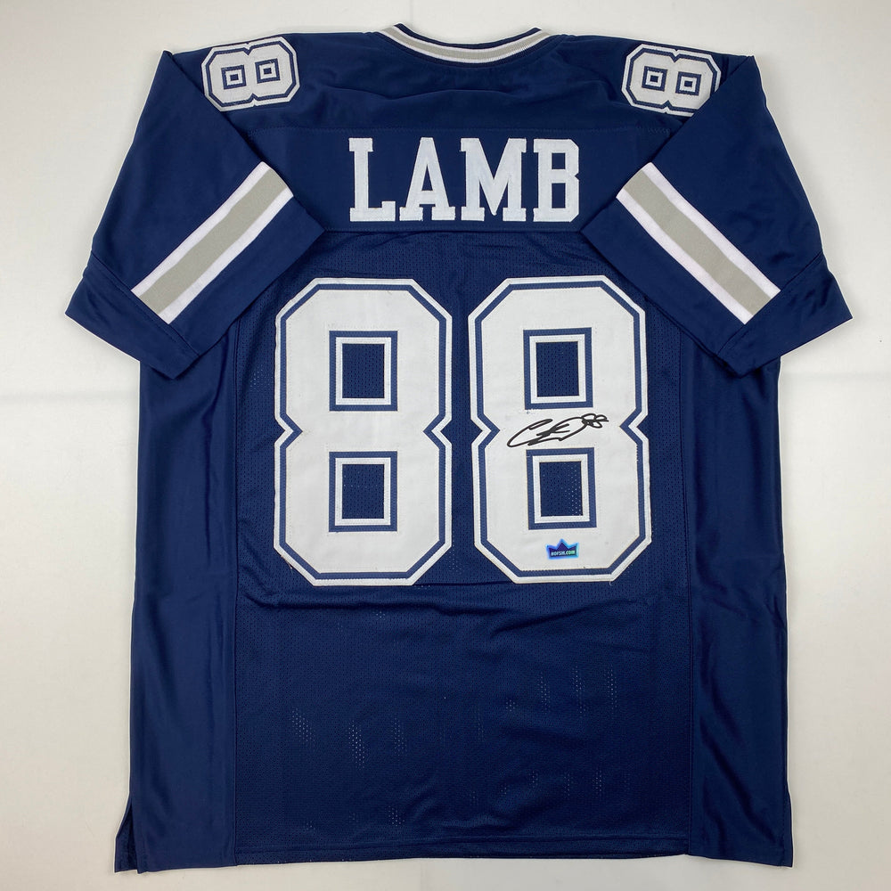 Facsimile Autographed CeeDee Lamb Dallas Blue Reprint Laser Auto Football Jersey Size Men's XL (ONLINE ORDER ONLY)