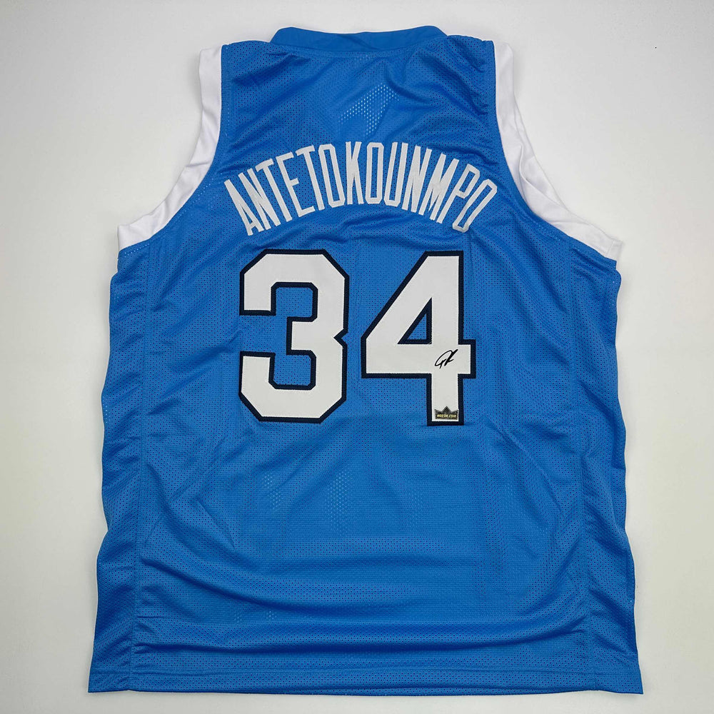 Facsimile Autographed Giannis Antetokounmpo Greece Light Blue Reprint Laser Auto Basketball Jersey Size Men's XL (ONLINE ORDER ONLY)