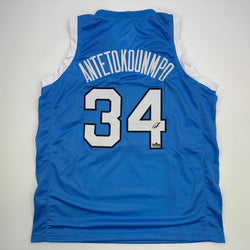 Facsimile Autographed Giannis Antetokounmpo Greece Light Blue Reprint Laser Auto Basketball Jersey Size Men's XL (ONLINE ORDER ONLY)