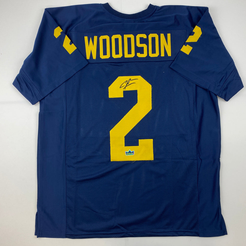 Facsimile Autographed Charles Woodson Michigan Blue Reprint Laser Auto College Football Jersey Size Men's XL (ONLINE ORDER ONLY)