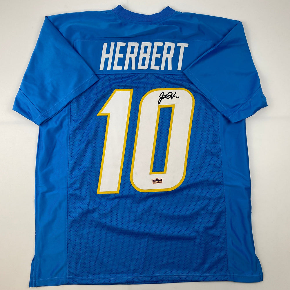 Facsimile Autographed Justin Herbert Los Angeles LA Powder Blue Reprint Laser Auto Football Jersey Size Men's XL (ONLINE ORDER ONLY)