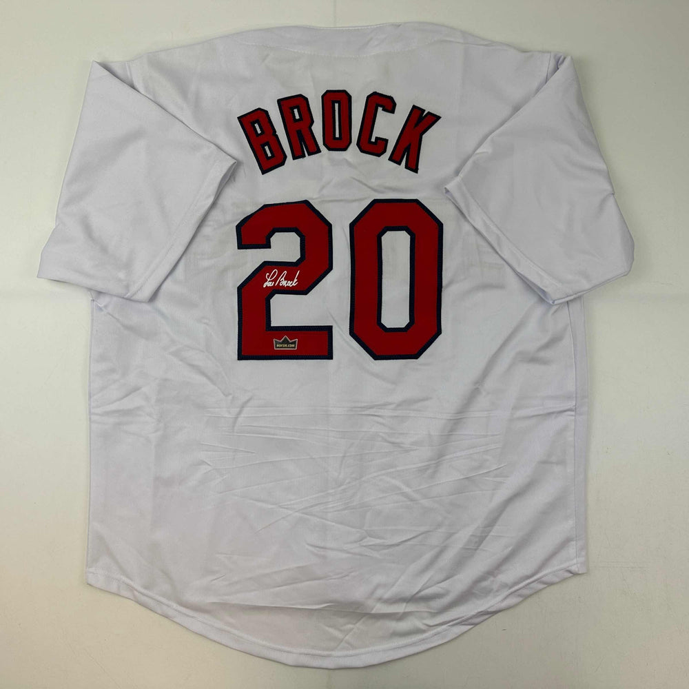 Facsimile Autographed Lou Brock St. Louis White Reprint Laser Auto Baseball Jersey Size Men's XL (ONLINE ORDER ONLY)