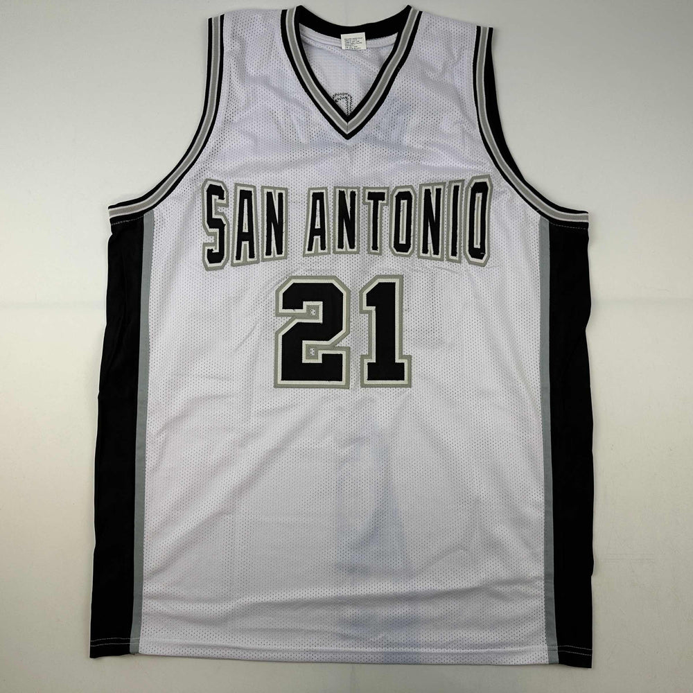 Facsimile Autographed Tim Duncan San Antonio White Reprint Laser Auto Basketball Jersey Size Men's XL (ONLINE ORDER ONLY)