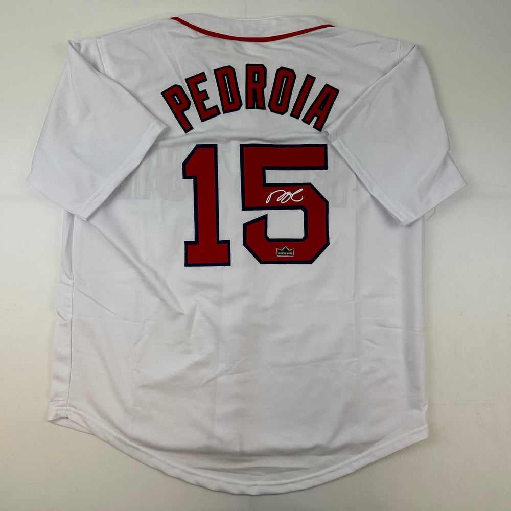 Facsimile Autographed Dustin Pedroia Boston White Reprint Laser Auto Baseball Jersey Size Men's XL (ONLINE ORDER ONLY)