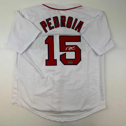 Facsimile Autographed Dustin Pedroia Boston White Reprint Laser Auto Baseball Jersey Size Men's XL (ONLINE ORDER ONLY)