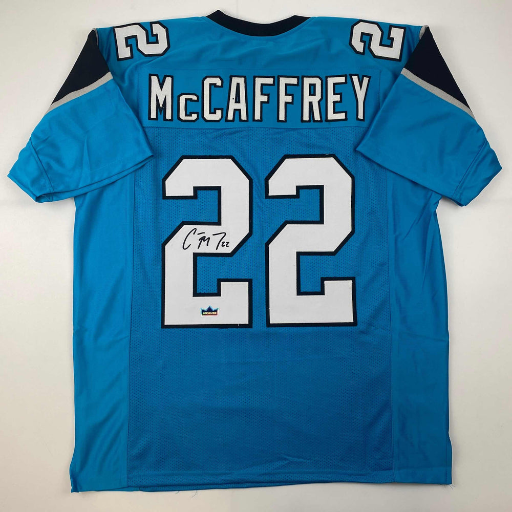Facsimile Autographed Christian McCaffrey Carolina Blue Reprint Laser Auto Football Jersey Size Men's XL (ONLINE ORDER ONLY)