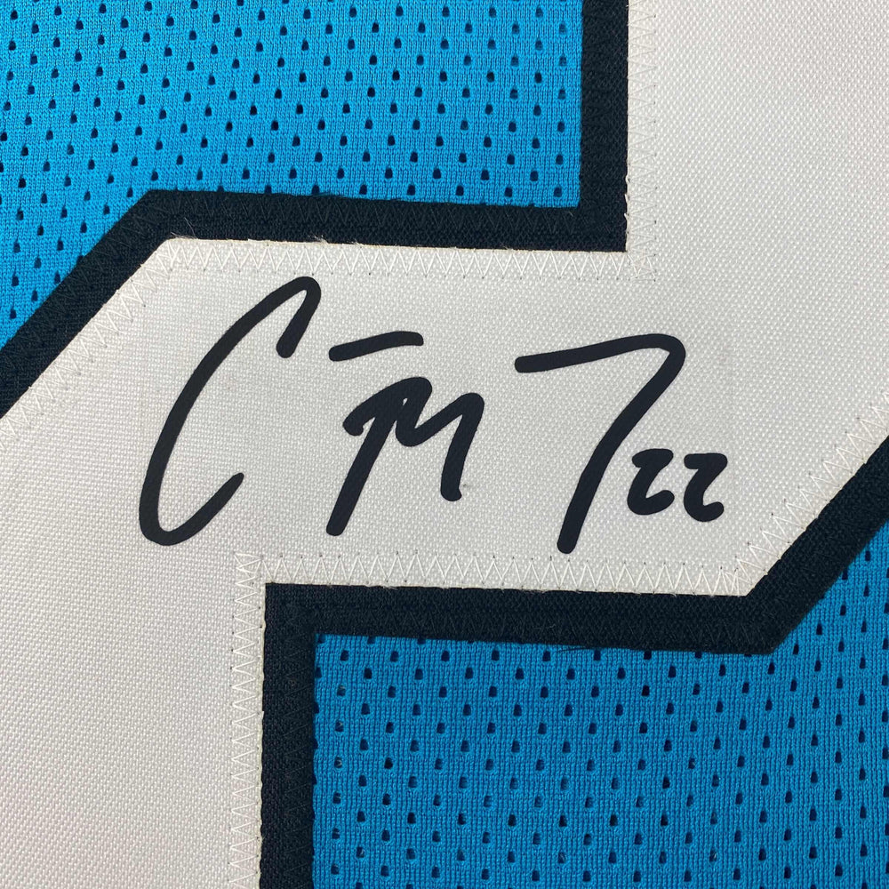 Facsimile Autographed Christian McCaffrey Carolina Blue Reprint Laser Auto Football Jersey Size Men's XL (ONLINE ORDER ONLY)
