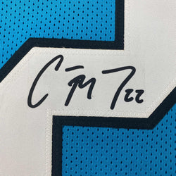 Facsimile Autographed Christian McCaffrey Carolina Blue Reprint Laser Auto Football Jersey Size Men's XL (ONLINE ORDER ONLY)
