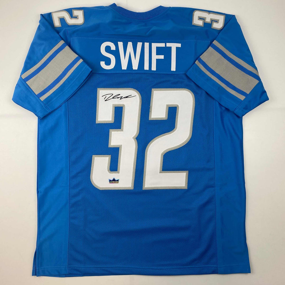 Facsimile Autographed D'Andre Swift Detroit Blue Reprint Laser Auto Football Jersey Size Men's XL (ONLINE ORDER ONLY)