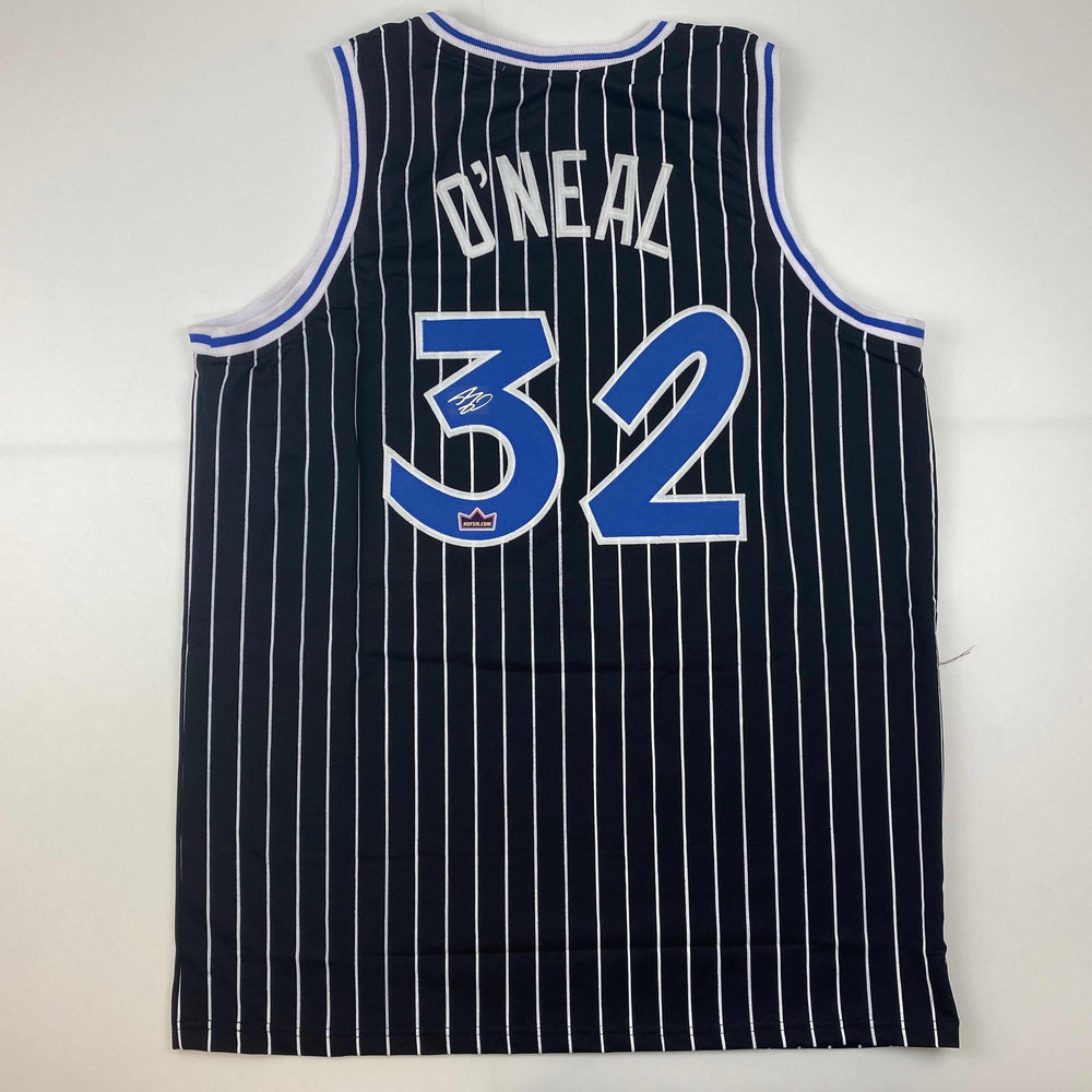 Facsimile Autographed Shaquille Shaq O'Neal Orlando Black Pinstripe Reprint Laser Auto Basketball Jersey Size Men's XL (ONLINE ORDER ONLY)