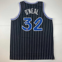 Facsimile Autographed Shaquille Shaq O'Neal Orlando Black Pinstripe Reprint Laser Auto Basketball Jersey Size Men's XL (ONLINE ORDER ONLY)
