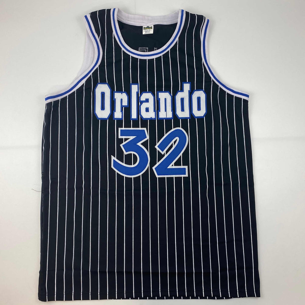 Facsimile Autographed Shaquille Shaq O'Neal Orlando Black Pinstripe Reprint Laser Auto Basketball Jersey Size Men's XL (ONLINE ORDER ONLY)
