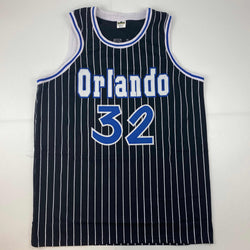 Facsimile Autographed Shaquille Shaq O'Neal Orlando Black Pinstripe Reprint Laser Auto Basketball Jersey Size Men's XL (ONLINE ORDER ONLY)