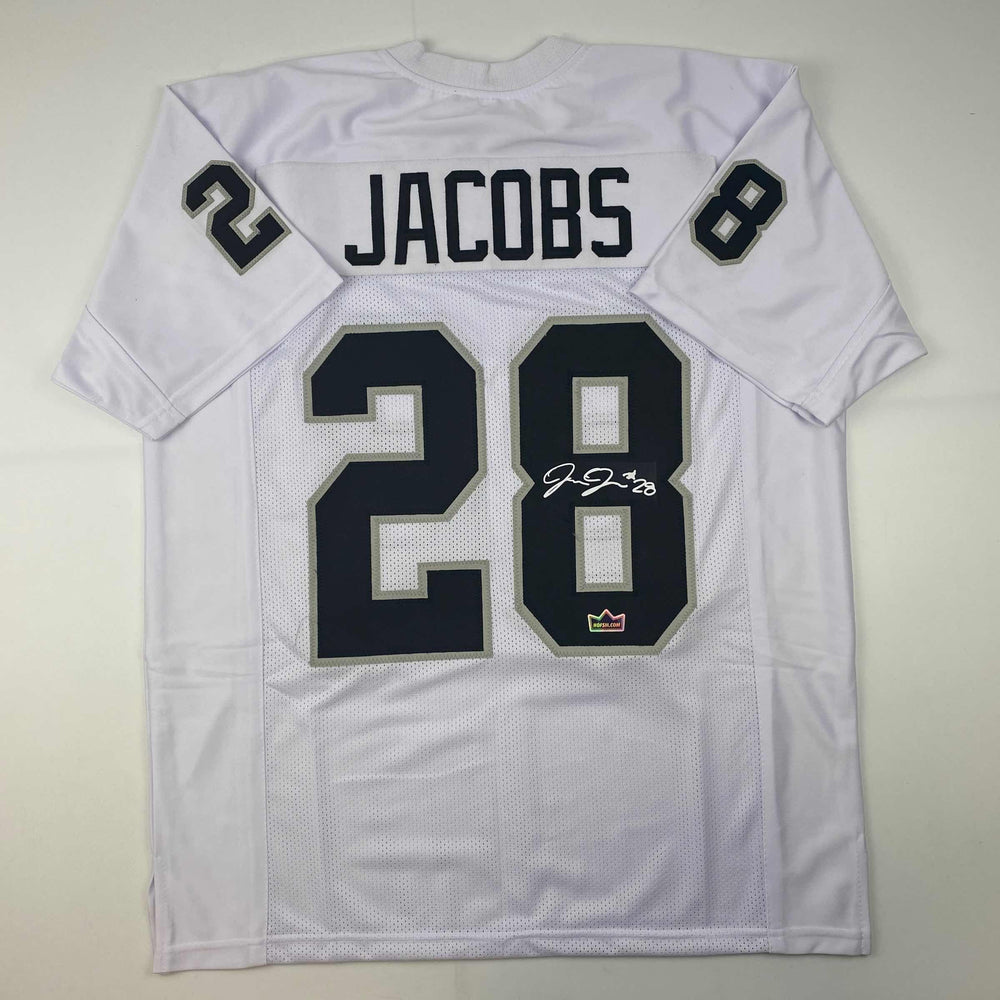 Facsimile Autographed Josh Jacobs Oakland Las Vegas White Reprint Laser Auto Football Jersey Size Men's XL (ONLINE ORDER ONLY)
