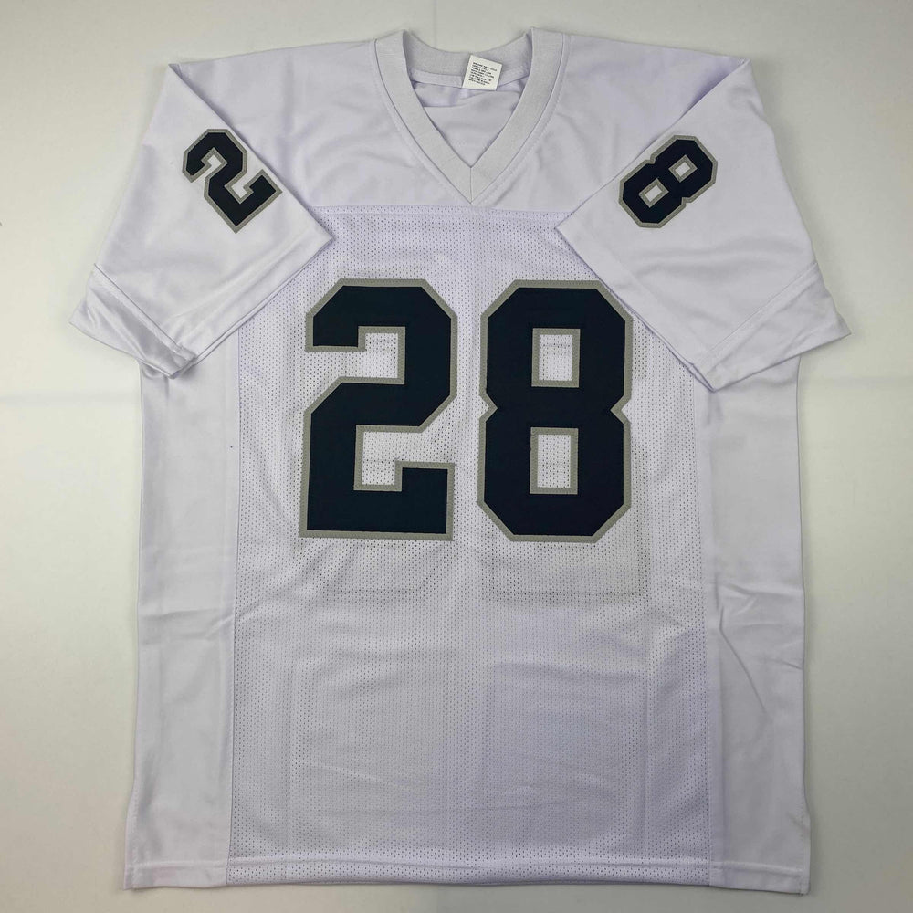 Facsimile Autographed Josh Jacobs Oakland Las Vegas White Reprint Laser Auto Football Jersey Size Men's XL (ONLINE ORDER ONLY)