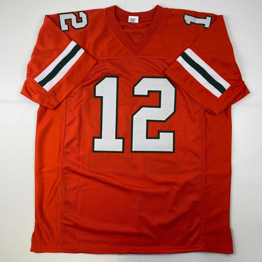 Facsimile Autographed Jim Kelly Miami Orange Reprint Laser Auto College Football Jersey Size Men's XL (ONLINE ORDER ONLY)