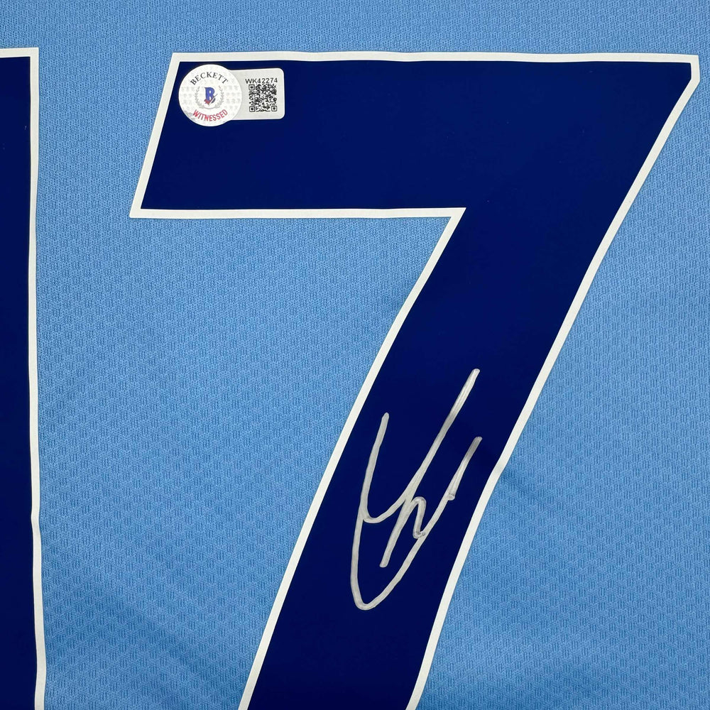 Autographed/Signed Kevin De Bruyne Manchester City Blue Soccer Futbol Jersey Beckett BAS COA
