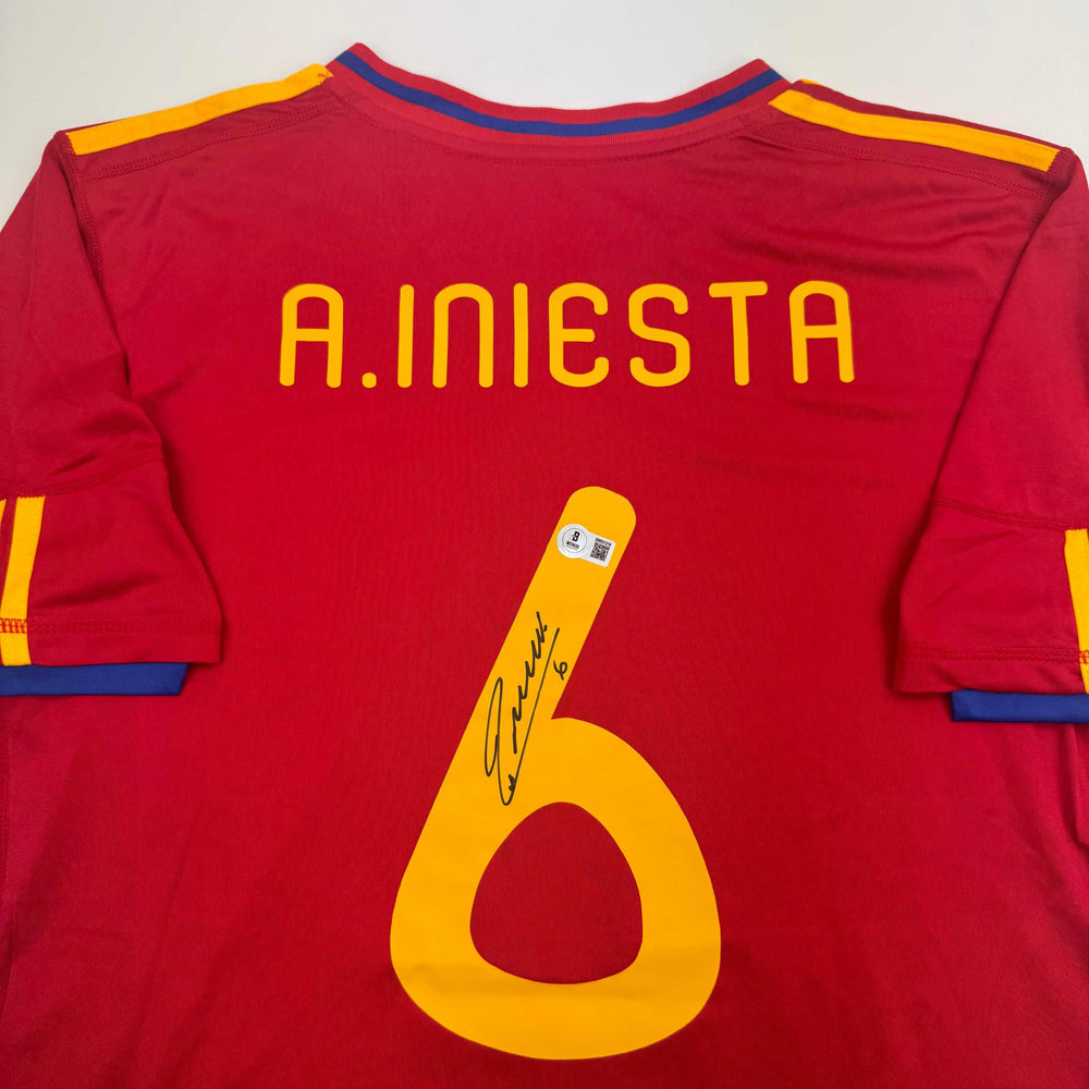Autographed/Signed Andres Iniesta Spain Red World Cup Soccer Futbol Jersey Beckett BAS COA (ONLINE ORDER ONLY)