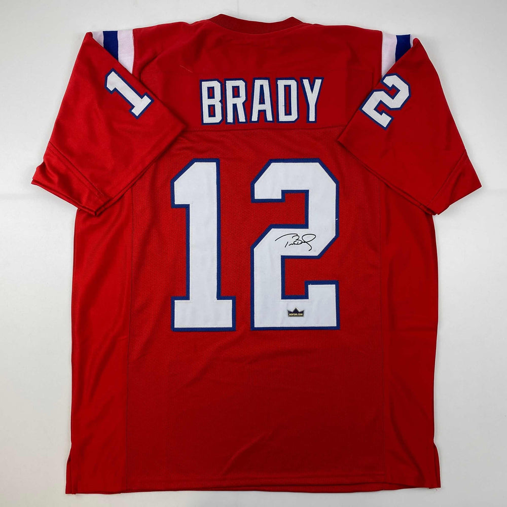 Facsimile Autographed Tom Brady New England Red Reprint Laser Auto Football Jersey Size Men's XL (ONLINE ORDER ONLY)