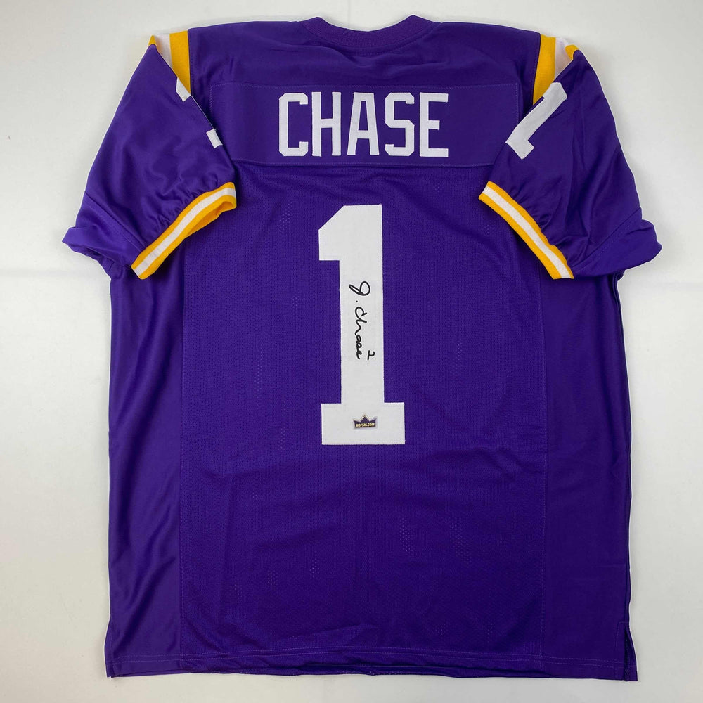 Facsimile Autographed Ja'Marr Chase LSU Purple Reprint Laser Auto College Football Jersey Size Men's XL (ONLINE ORDER ONLY)