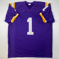Facsimile Autographed Ja'Marr Chase LSU Purple Reprint Laser Auto College Football Jersey Size Men's XL (ONLINE ORDER ONLY)